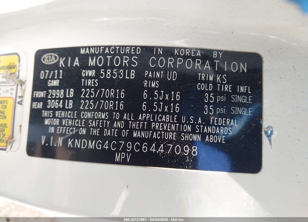 2012 KIA SEDONA VIN: KNDMG4C79C6447098