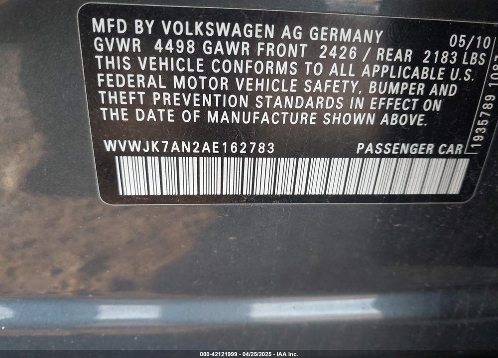 2010 VOLKSWAGEN PASSAT KOMFORT VIN: WVWJK7AN2AE162783