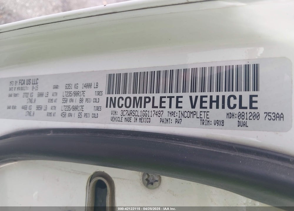 2016 RAM 3500 CHASSIS VIN: 3C7WRSCL1GG117497