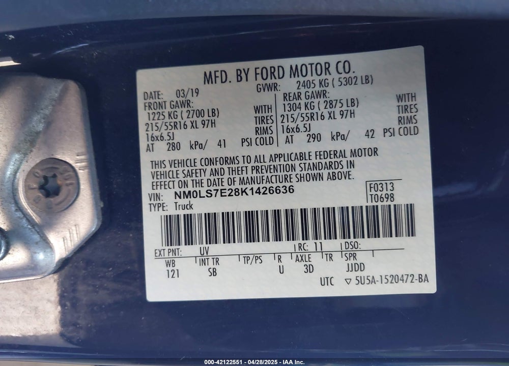 2019 FORD TRANSIT CONNECT VIN: NM0LS7E28K1426636