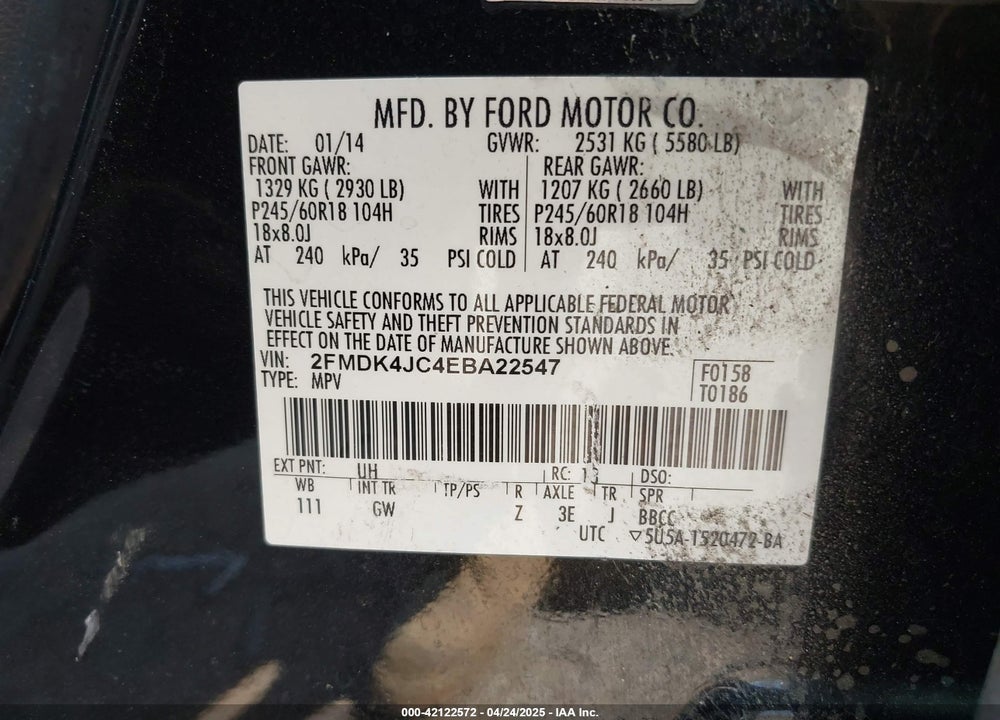 2014 FORD EDGE SEL VIN: 2FMDK4JC4EBA22547