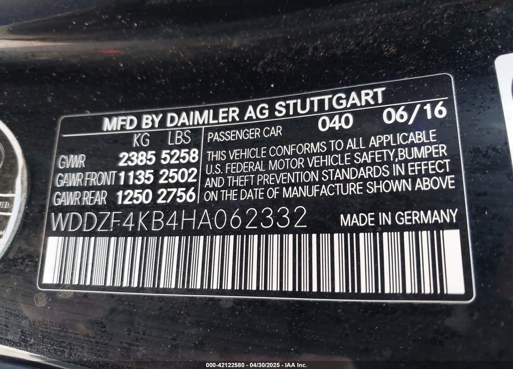 2017 MERCEDES-BENZ E 300 4MATIC VIN: WDDZF4KB4HA062332