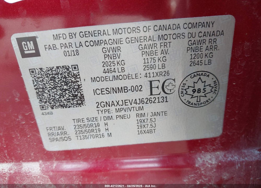 2018 CHEVROLET EQUINOX LT VIN: 2GNAXJEV4J6262131
