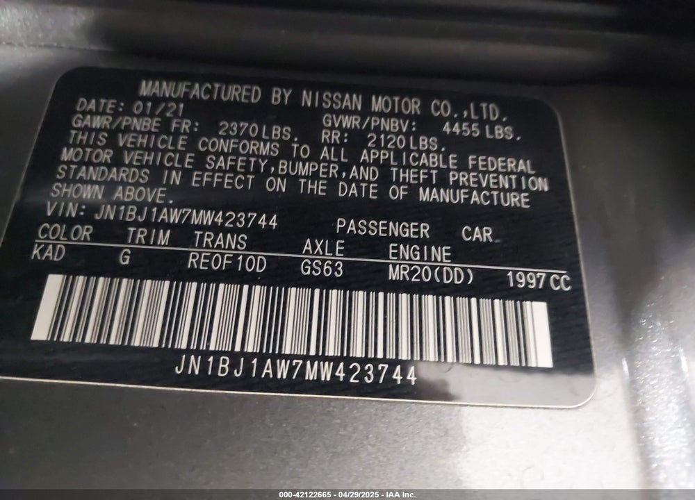 2021 NISSAN ROGUE SPORT S AWD XTRONIC CVT VIN: JN1BJ1AW7MW423744