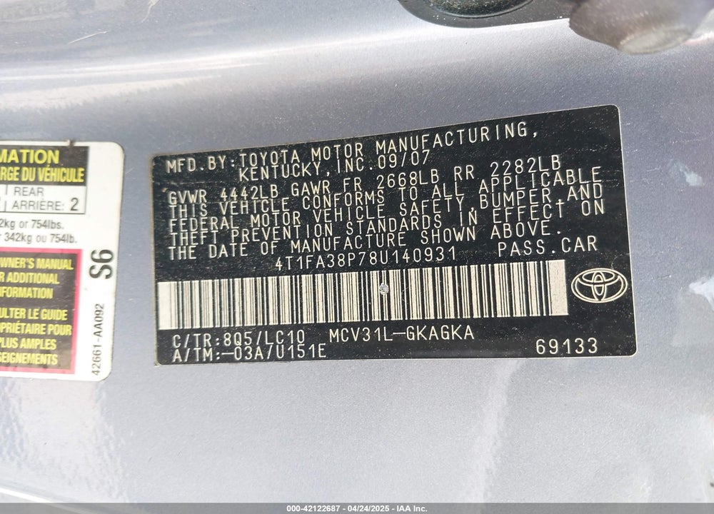 2008 TOYOTA CAMRY SOLARA VIN: 4T1FA38P78U140931