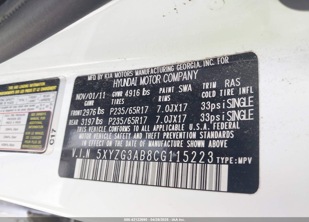 2012 HYUNDAI SANTA FE VIN: 5XYZG3AB8CG115223