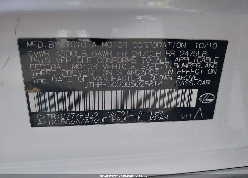 2011 LEXUS IS 350 VIN: JTHBE5C20B5025814