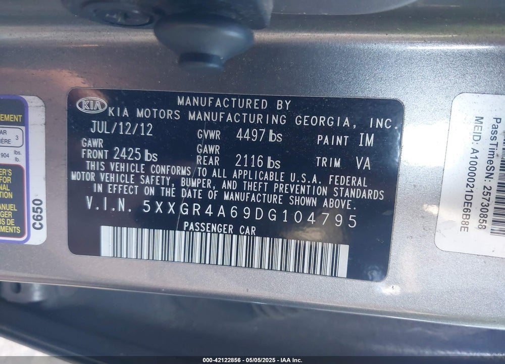 2013 KIA OPTIMA VIN: 5XXGR4A69DG104795