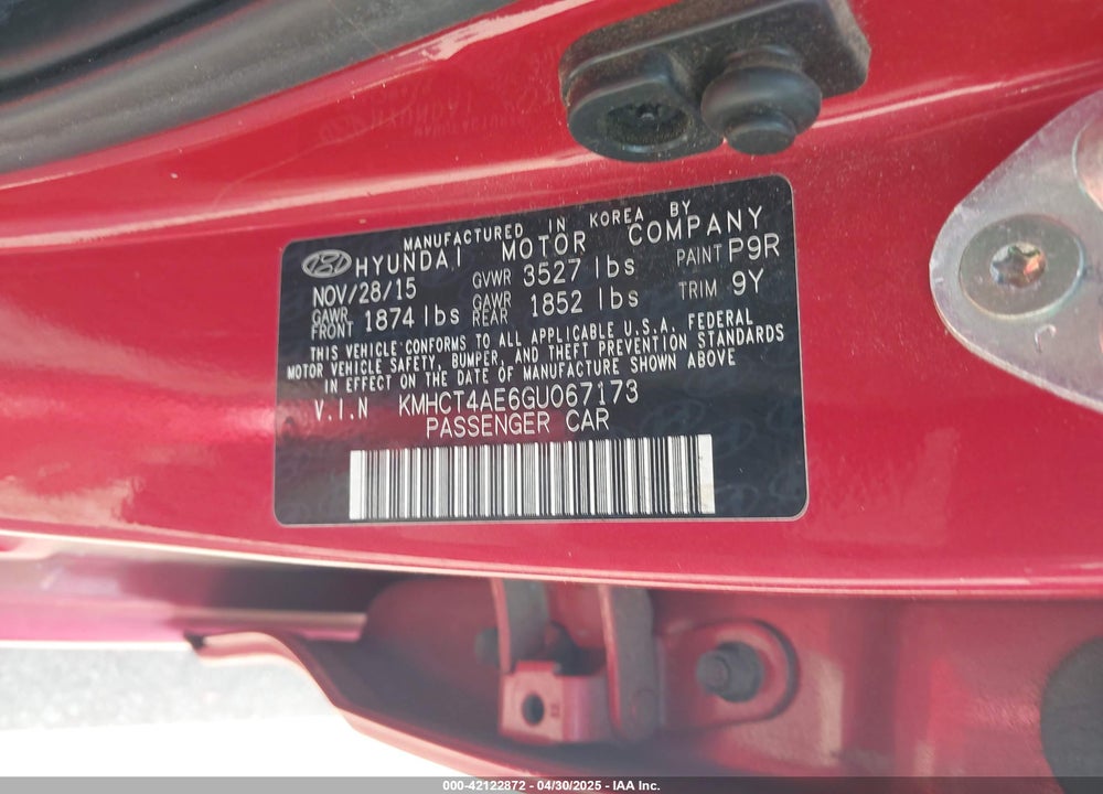 2016 HYUNDAI ACCENT VIN: KMHCT4AE6GU067173