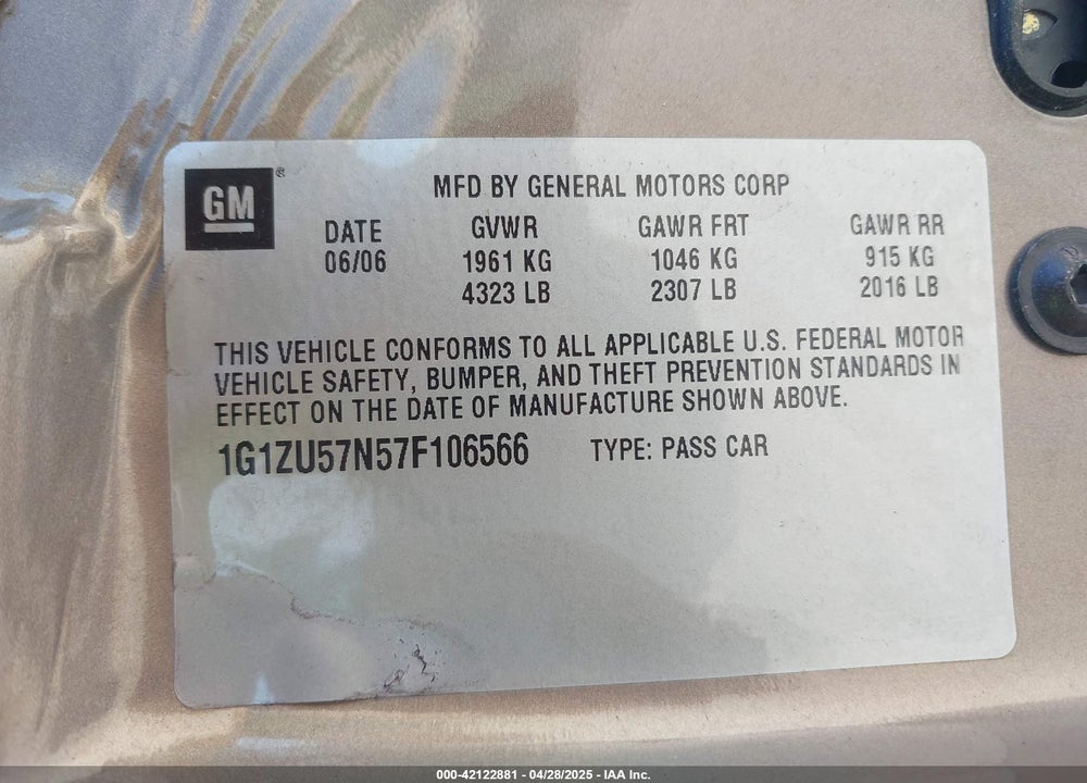 2007 CHEVROLET MALIBU VIN: 1G1ZU57N57F106566