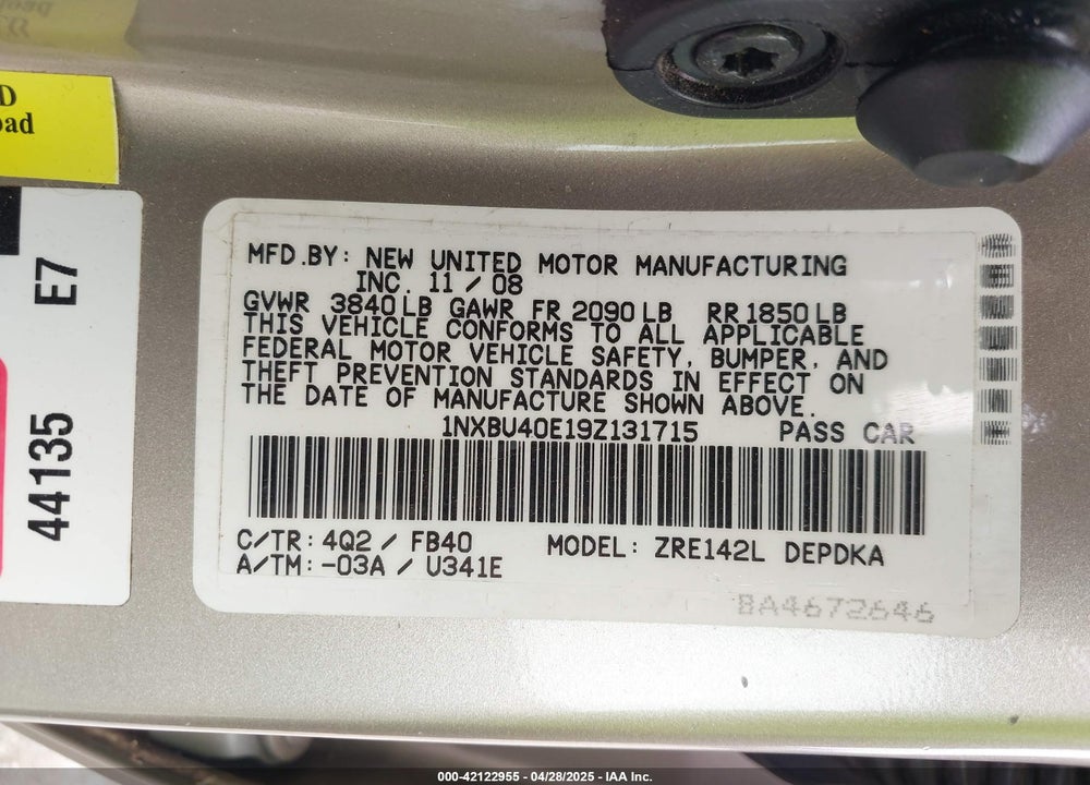2009 TOYOTA COROLLA LE VIN: 1NXBU40E19Z131715