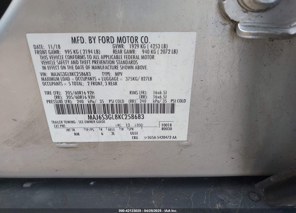 2019 FORD ECOSPORT VIN: MAJ6S3GL8KC258683