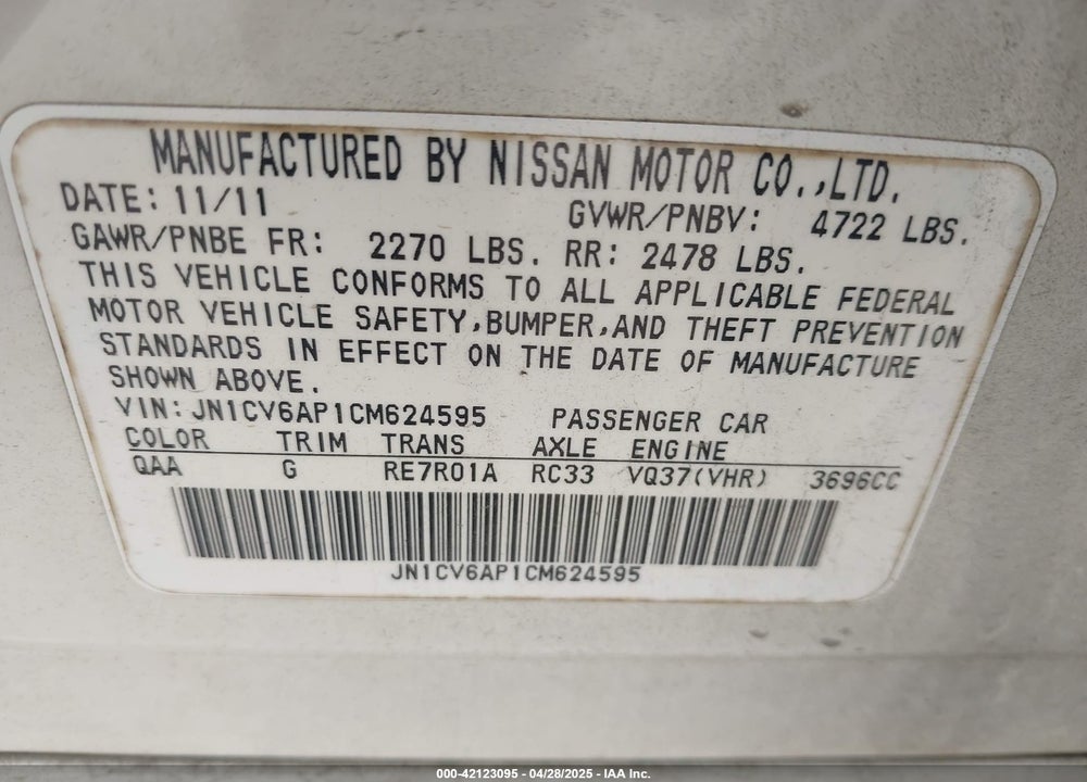 2012 INFINITI G37 VIN: JN1CV6AP1CM624595
