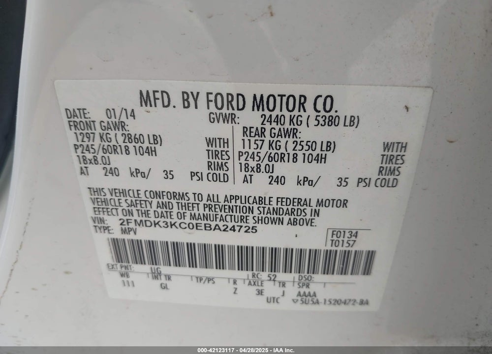 2014 FORD EDGE VIN: 2FMDK3KC0EBA24725