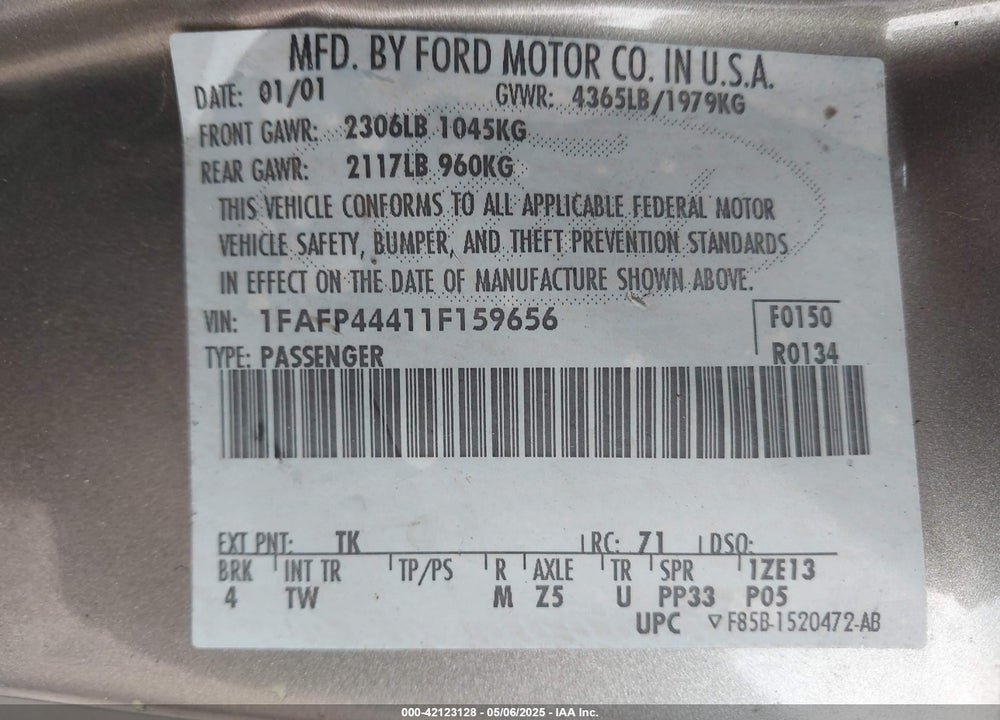 2001 FORD MUSTANG VIN: 1FAFP44411F159656