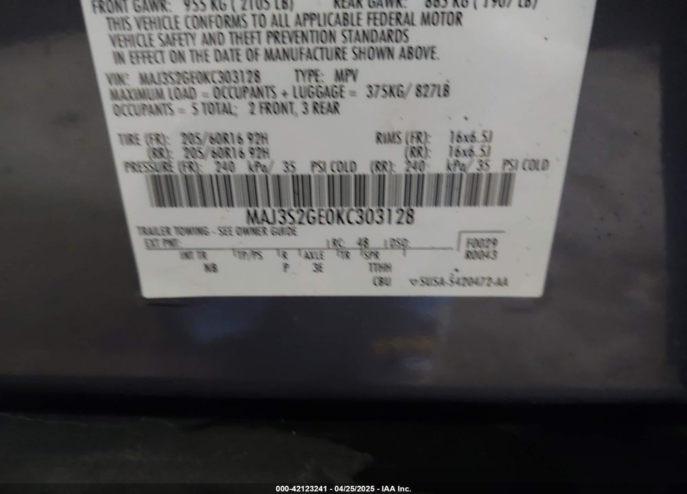 2019 FORD ECOSPORT VIN: MAJ3S2GE0KC303128