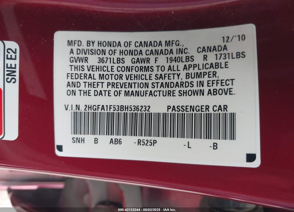 2011 HONDA CIVIC LX VIN: 2HGFA1F53BH536232