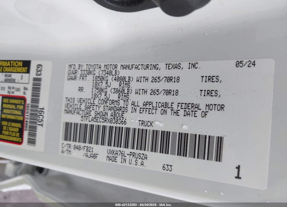 2024 TOYOTA TUNDRA 4WD VIN: 5TFLA5EC5RX030366