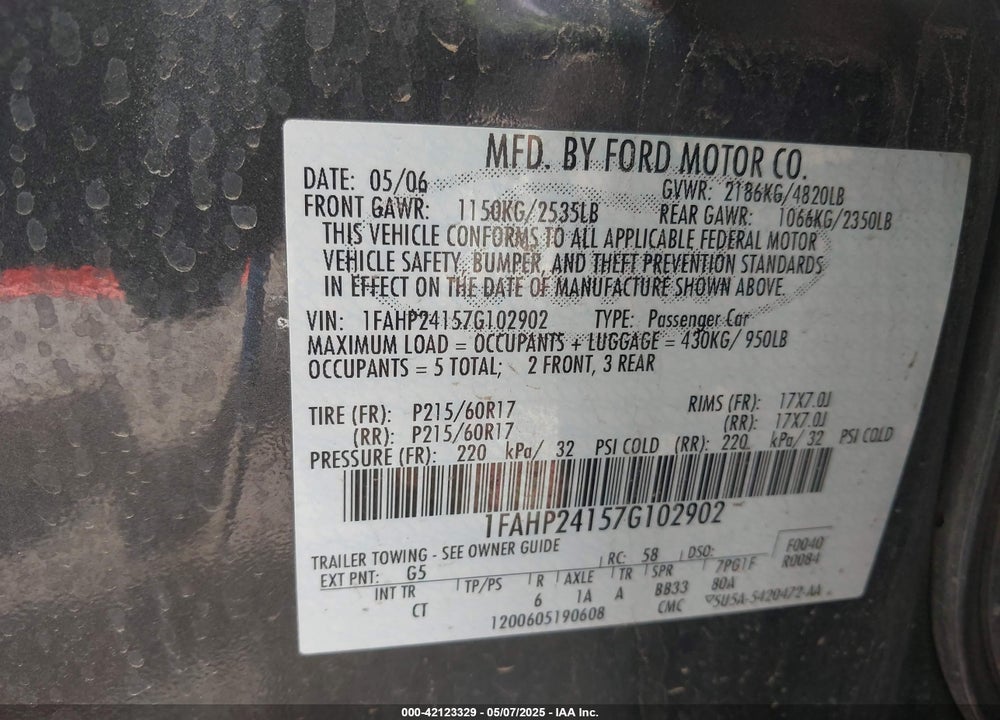 2007 FORD FIVE HUNDRED SEL VIN: 1FAHP24157G102902