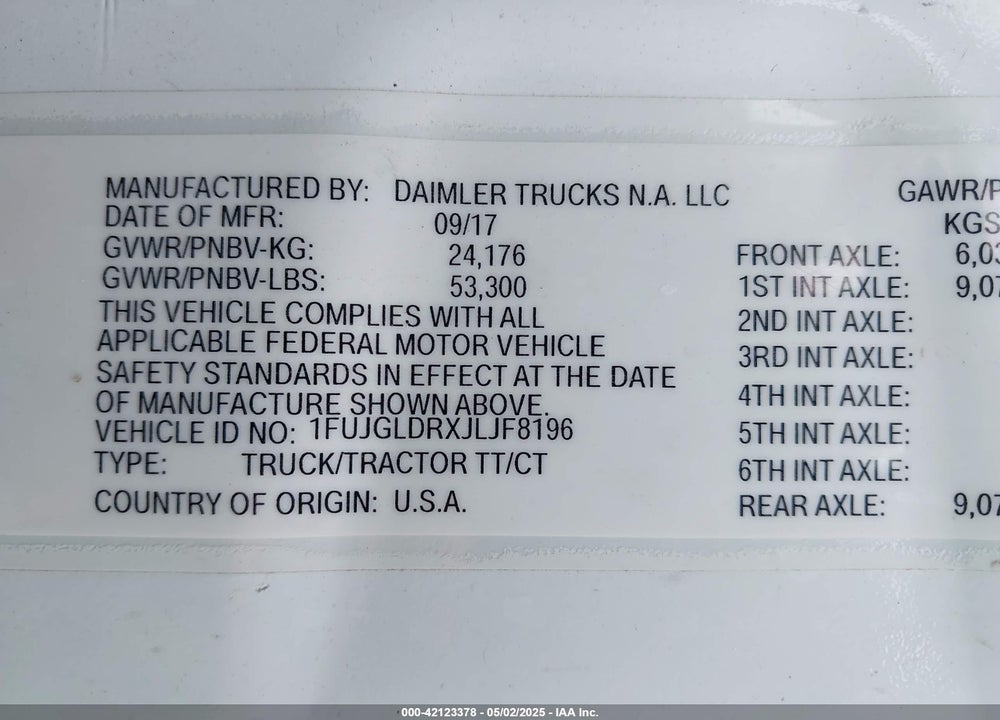 2018 FREIGHTLINER CASCADIA 125 VIN: 1FUJGLDRXJLJF8196
