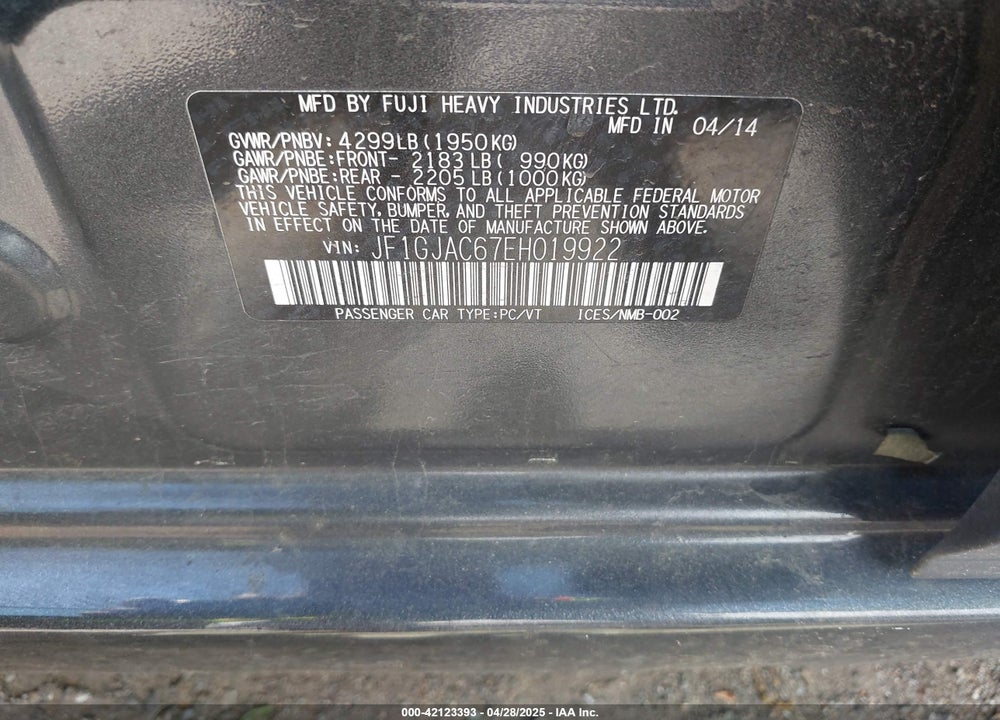 2014 SUBARU IMPREZA VIN: JF1GJAC67EH019922