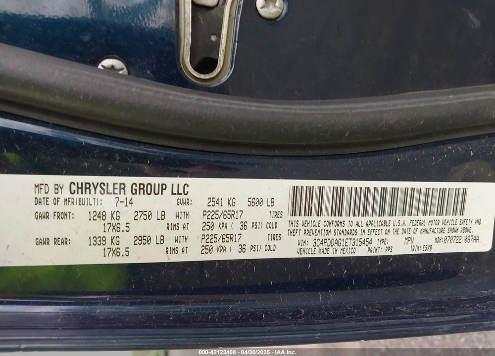 2014 DODGE JOURNEY VIN: 3C4PDDAG1ET315454