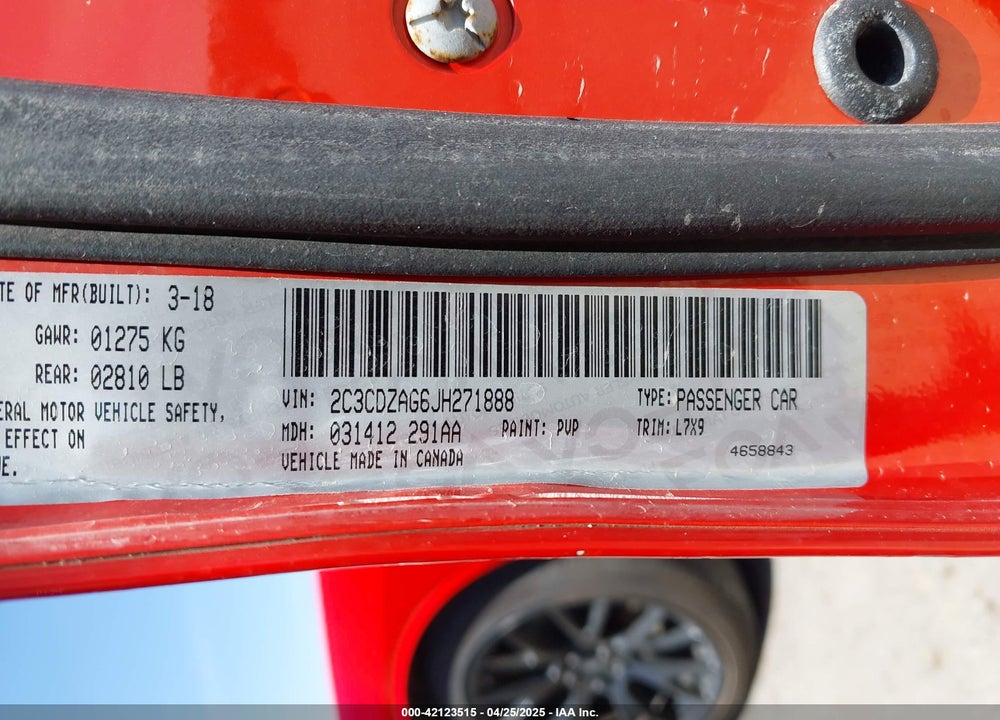 2018 DODGE CHALLENGER VIN: 2C3CDZAG6JH271888