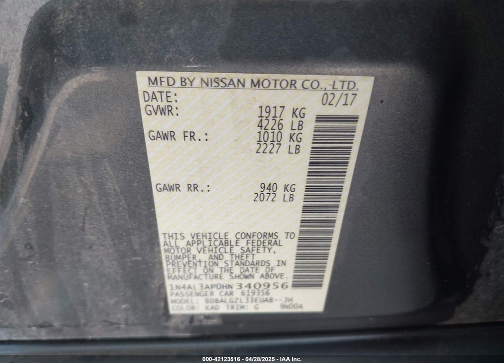 2017 NISSAN ALTIMA VIN: 1N4AL3AP0HN340956