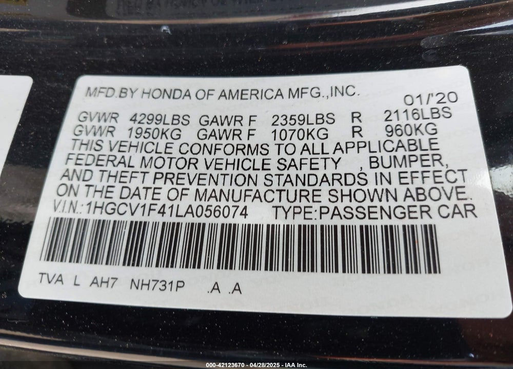 2020 HONDA ACCORD VIN: 1HGCV1F41LA056074
