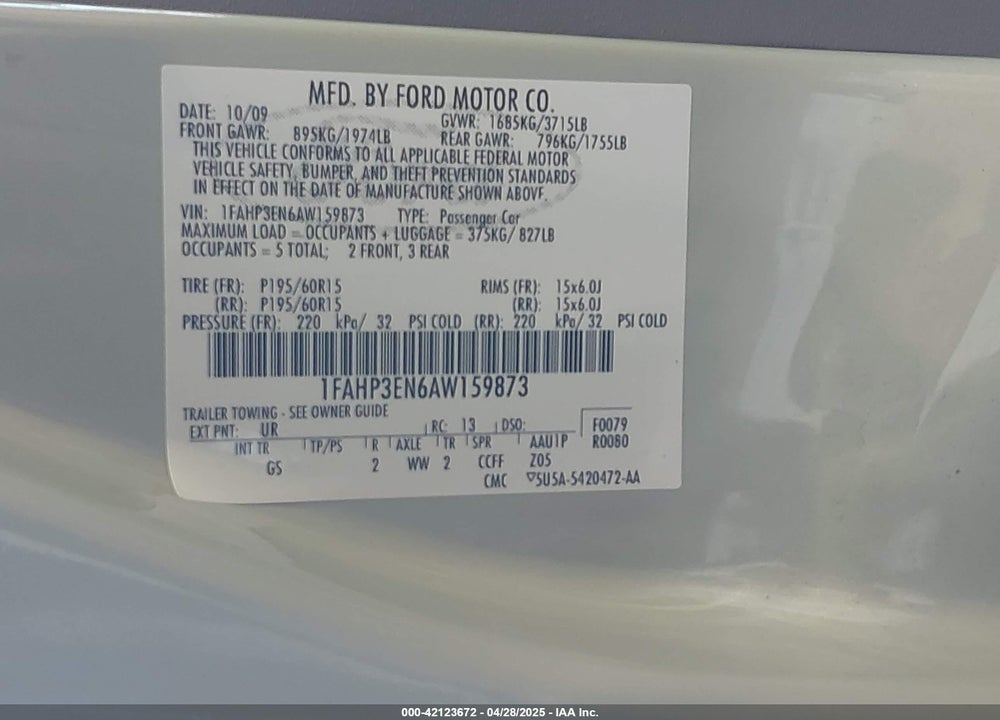 2010 FORD FOCUS S VIN: 1FAHP3EN6AW159873
