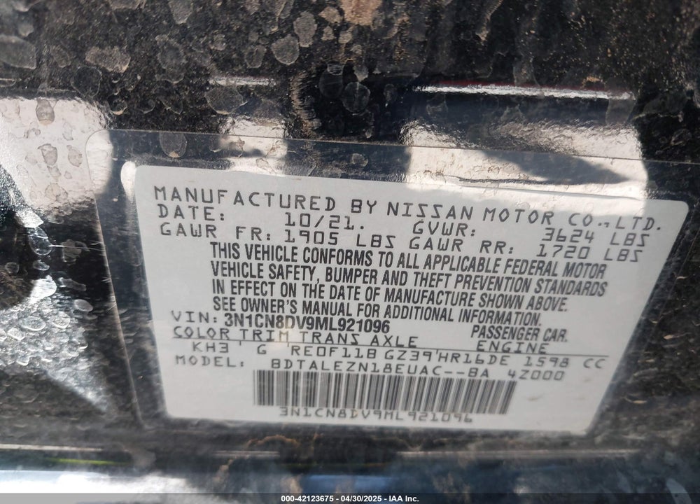 2021 NISSAN VERSA VIN: 3N1CN8DV9ML921096