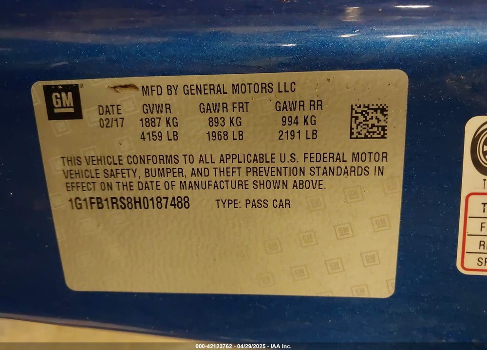 2017 CHEVROLET CAMARO VIN: 1G1FB1RS8H0187488