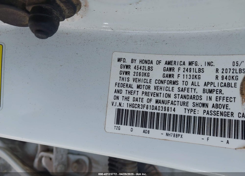 2013 HONDA ACCORD VIN: 1HGCR3F81DA039814