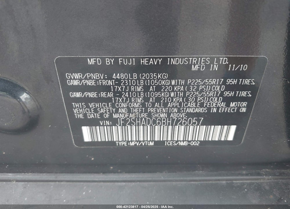 2011 SUBARU FORESTER 2.5X PREMIUM VIN: JF2SHADC6BH726057