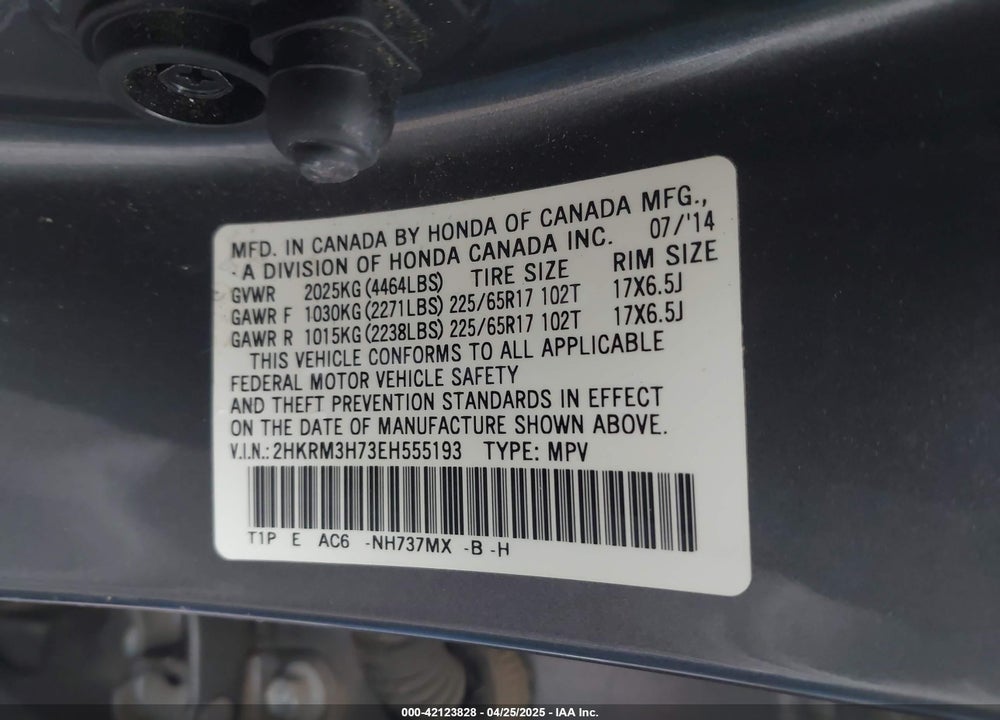 2014 HONDA CR-V VIN: 2HKRM3H73EH555193