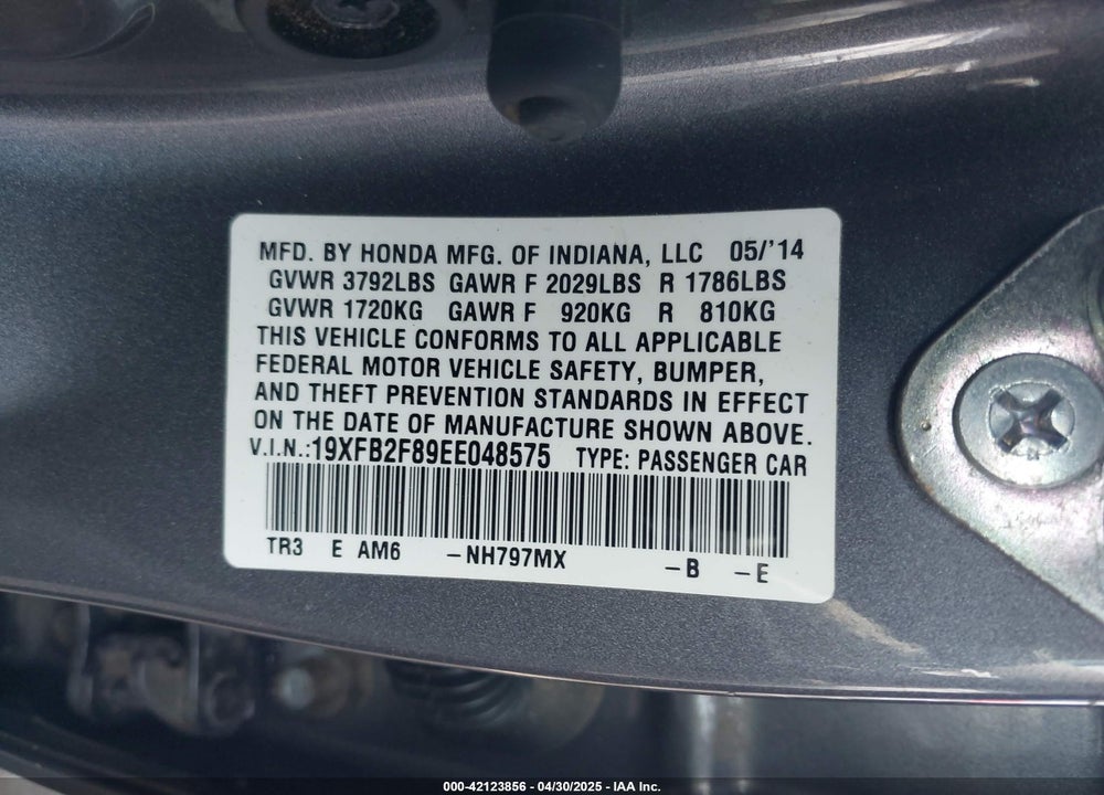 2014 HONDA CIVIC VIN: 19XFB2F89EE048575