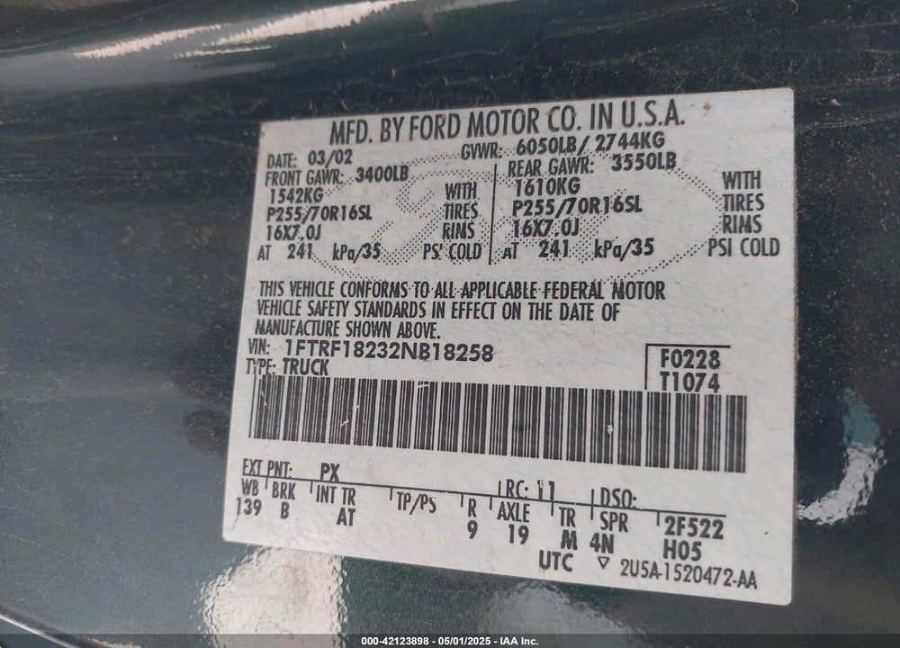 2002 FORD F-150 XL/XLT VIN: 1FTRF18232NB18258