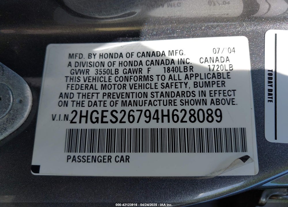 2004 HONDA CIVIC EX VIN: 2HGES26794H628089