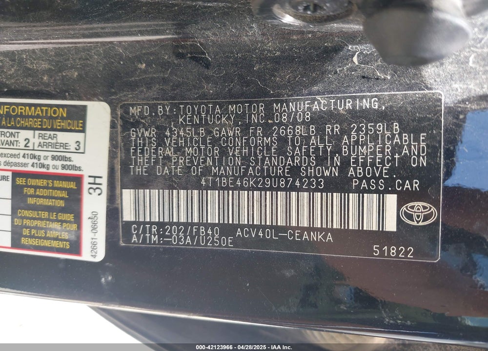2009 TOYOTA CAMRY VIN: 4T1BE46K29U874233