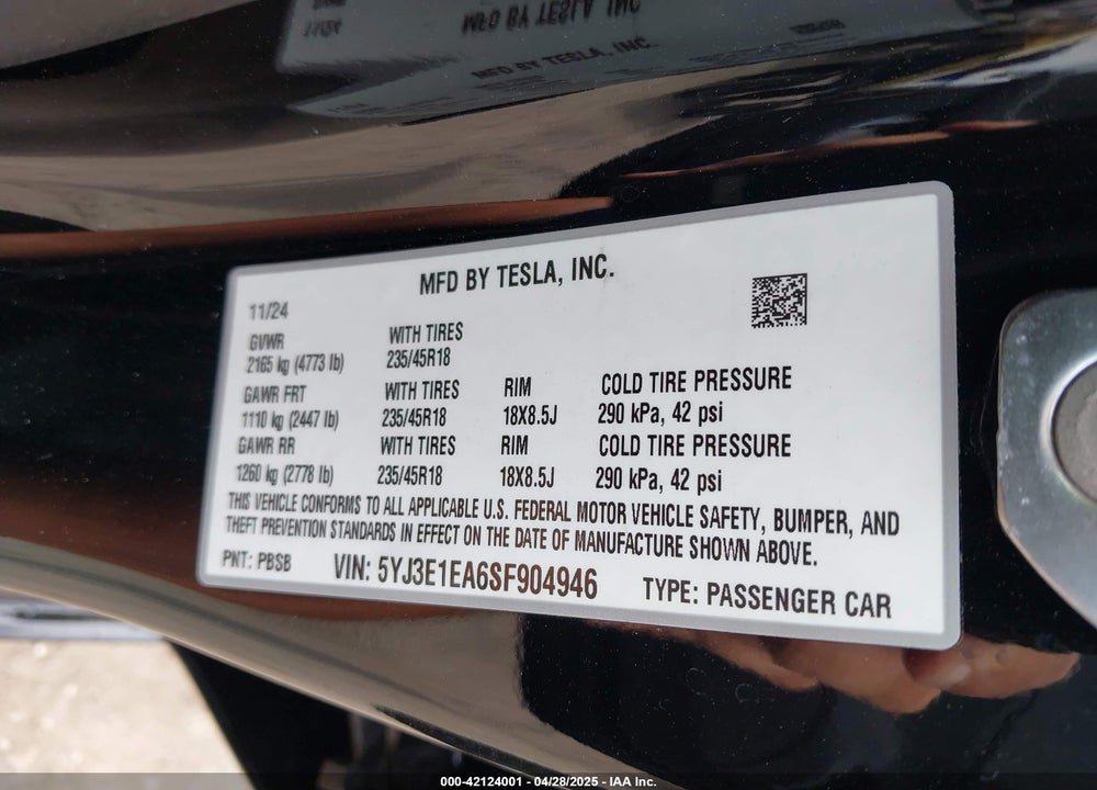 2025 TESLA MODEL 3 VIN: 5YJ3E1EA6SF904946