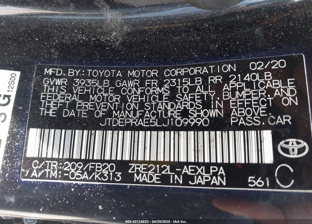 2020 TOYOTA COROLLA VIN: JTDEPRAE5LJ109990