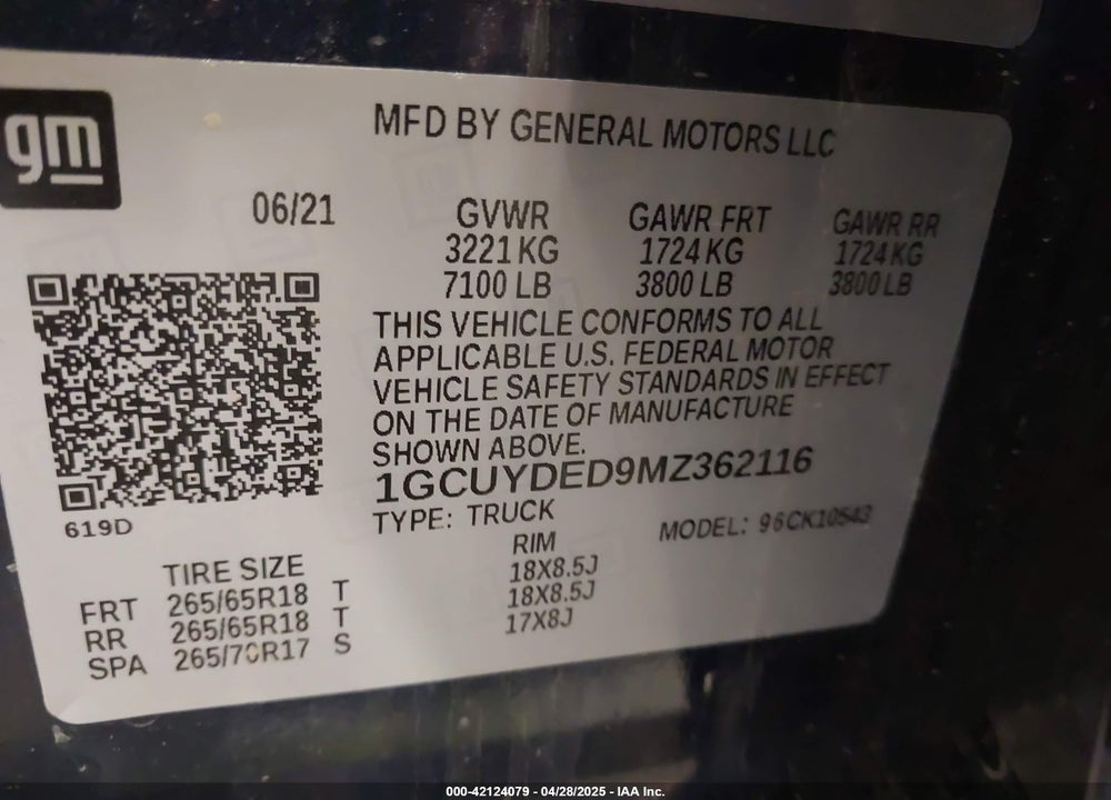 2021 CHEVROLET SILVERADO 1500 VIN: 1GCUYDED9MZ362116