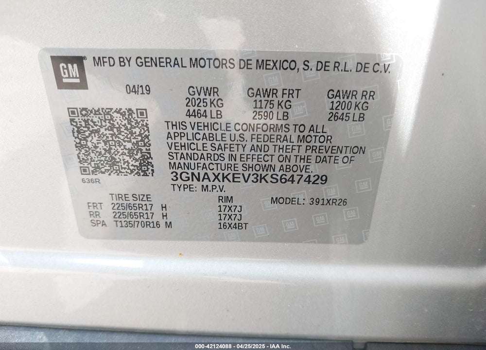 2019 CHEVROLET EQUINOX VIN: 3GNAXKEV3KS647429