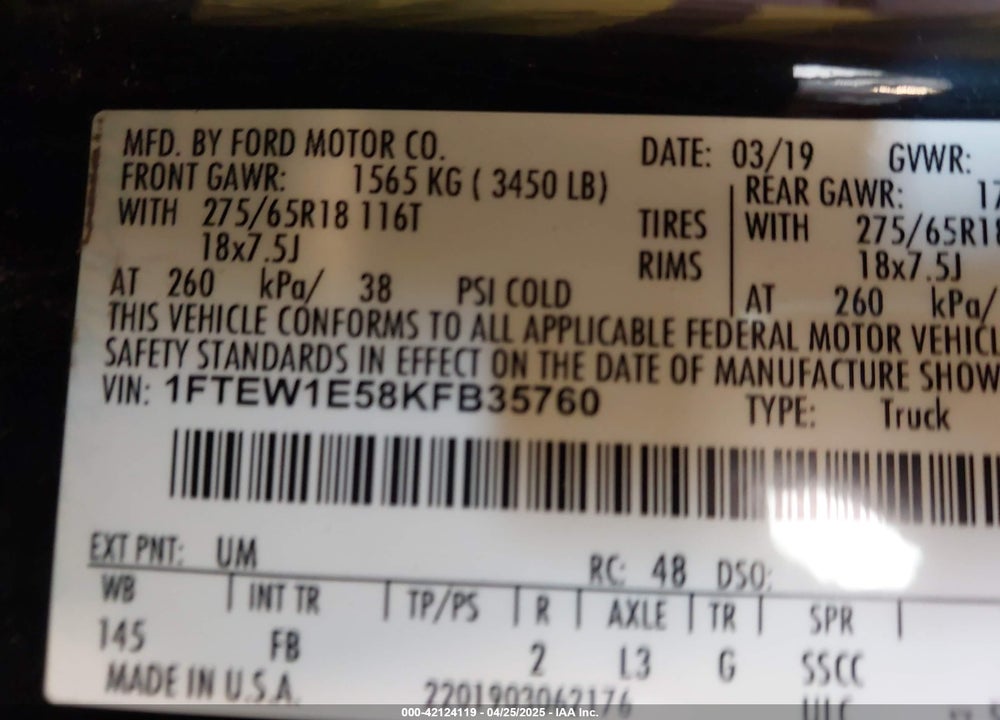 2019 FORD F-150 VIN: 1FTEW1E58KFB35760