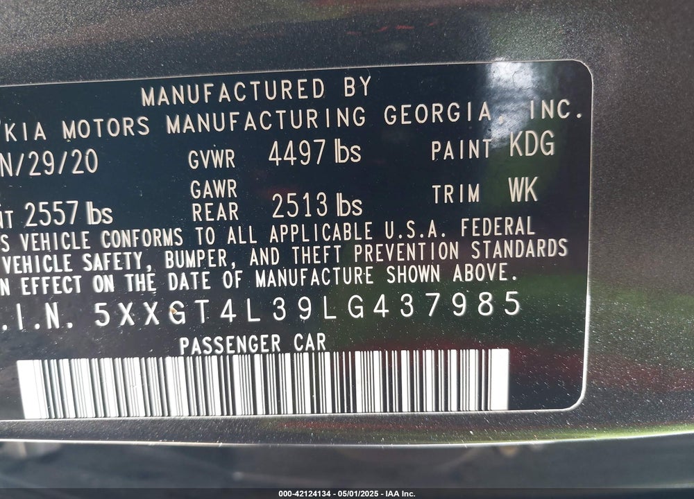 2020 KIA OPTIMA VIN: 5XXGT4L39LG437985