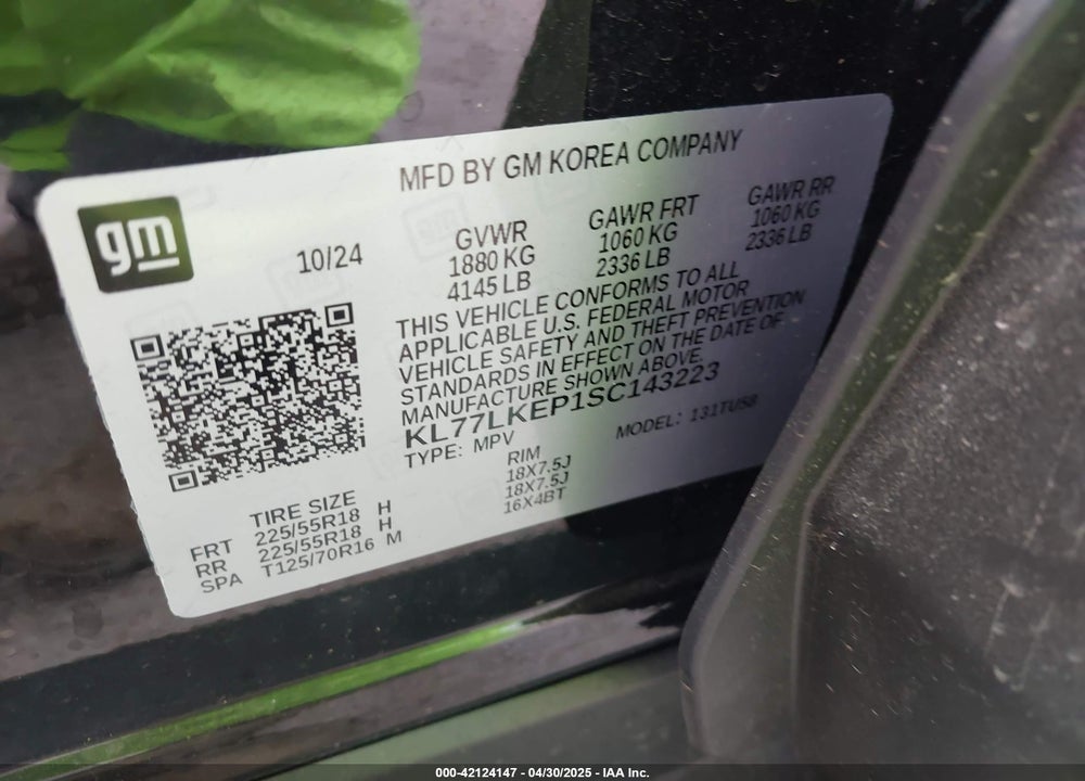 2025 CHEVROLET TRAX VIN: KL77LKEP1SC143223