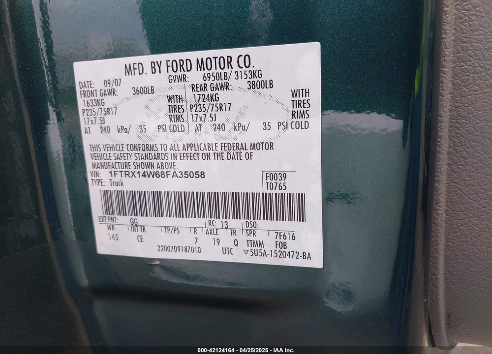 2008 FORD F150 VIN: 1FTRX14W68FA35058