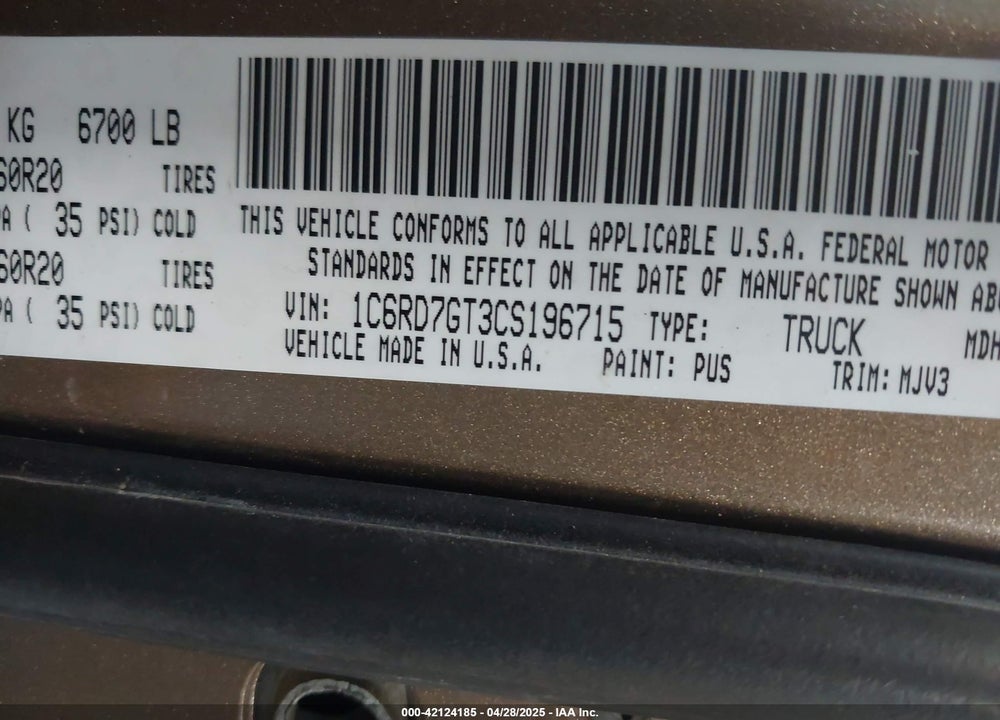 2012 DODGE RAM 1500 VIN: 1C6RD7GT3CS196715