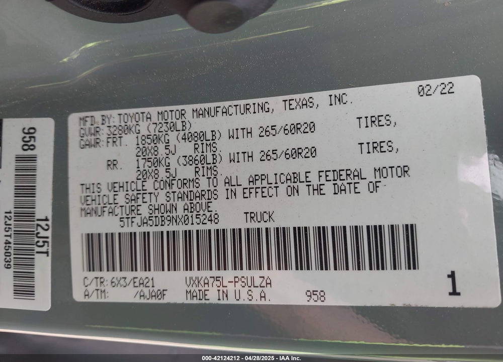 2022 TOYOTA TUNDRA LIMITED VIN: 5TFJA5DB9NX015248