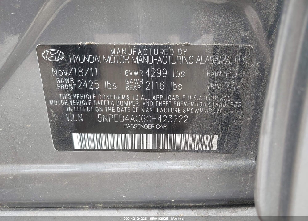 2012 HYUNDAI SONATA VIN: 5NPEB4AC6CH423222